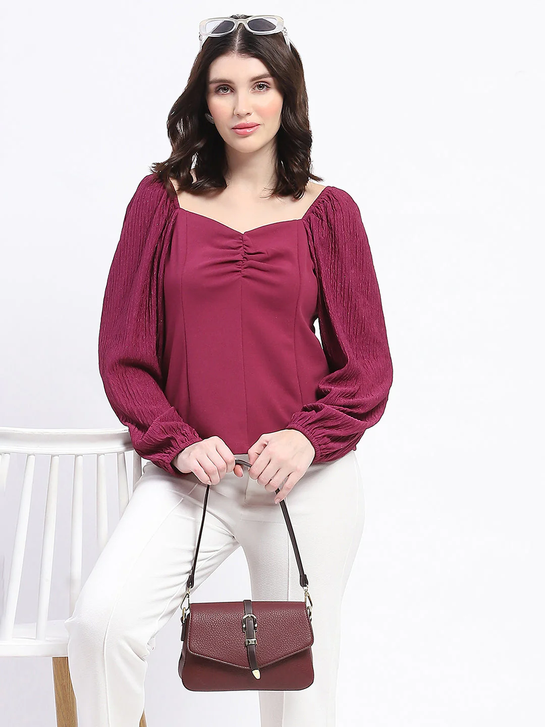 Madame Sweetheart Neck Elasticated Rush Detailed Solid Plum Knit moss Top - Image 2