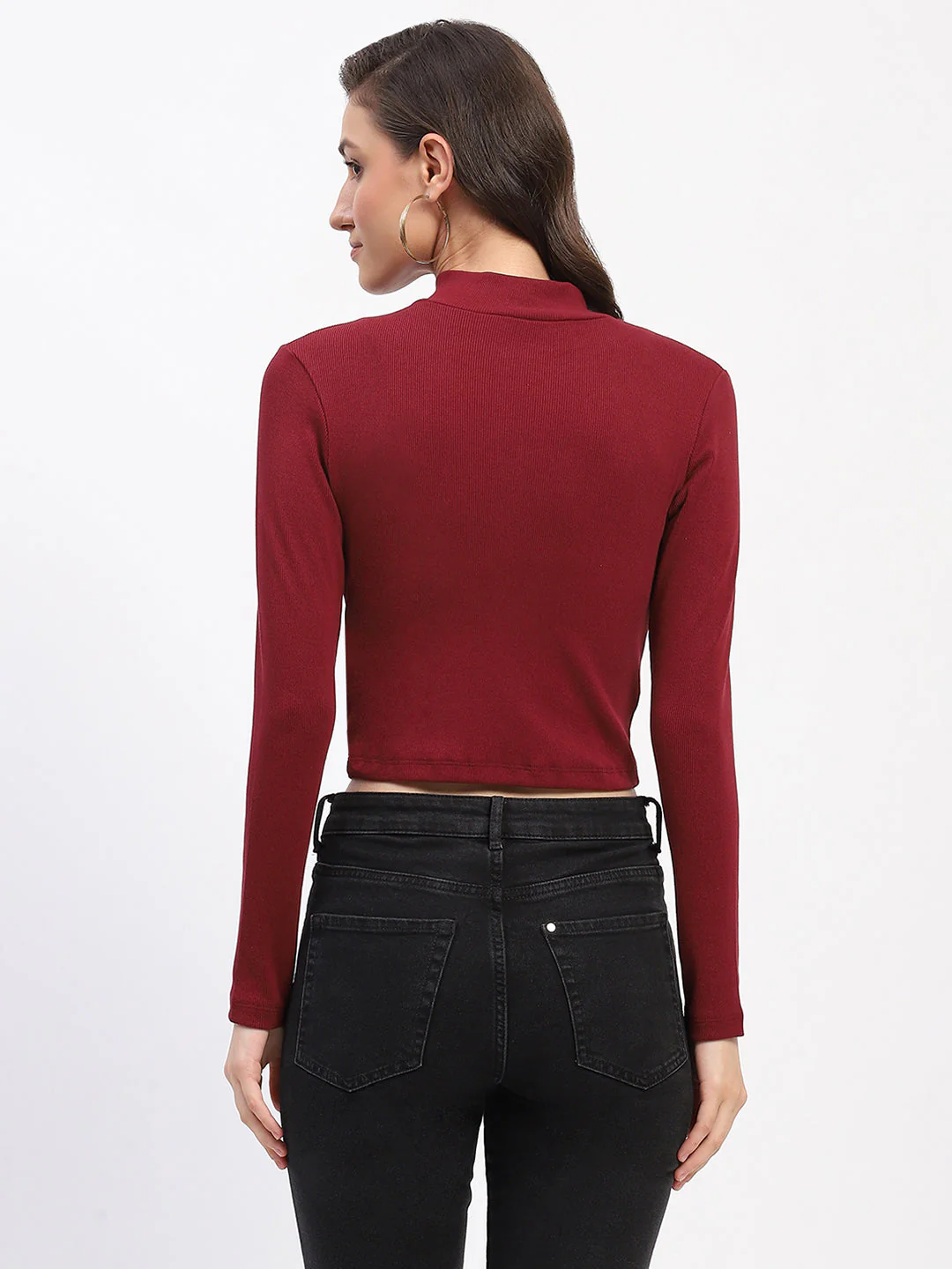 Madame Ribbed Mock Neck Zipped Bodycon Wine Top - Image 5