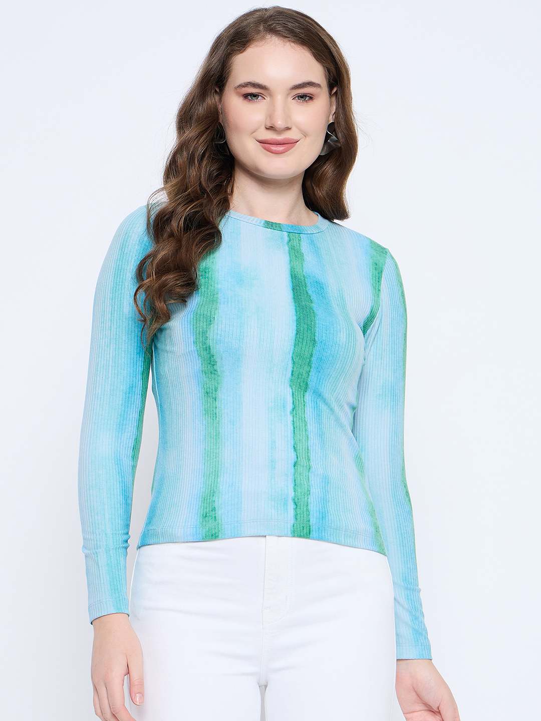 Madame Abstract Print Crew Neck Loose Fit Mint Green Top - Image 3