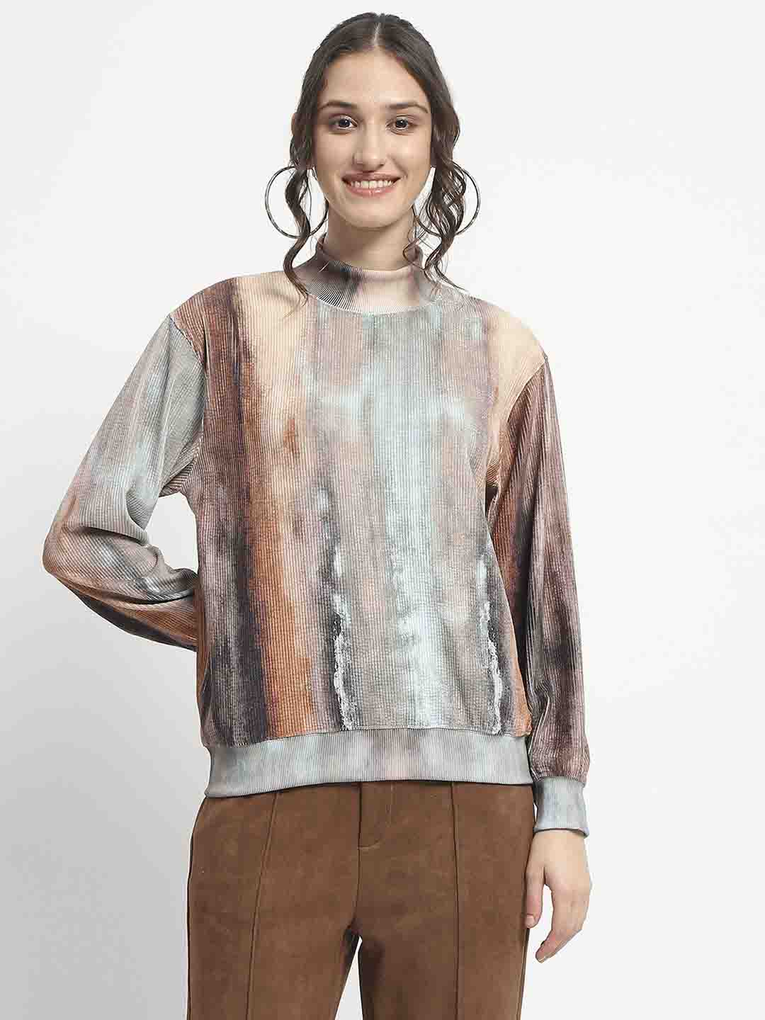 Madame Marble Print Full Sleeve Mock Neck Brown Top - Image 3