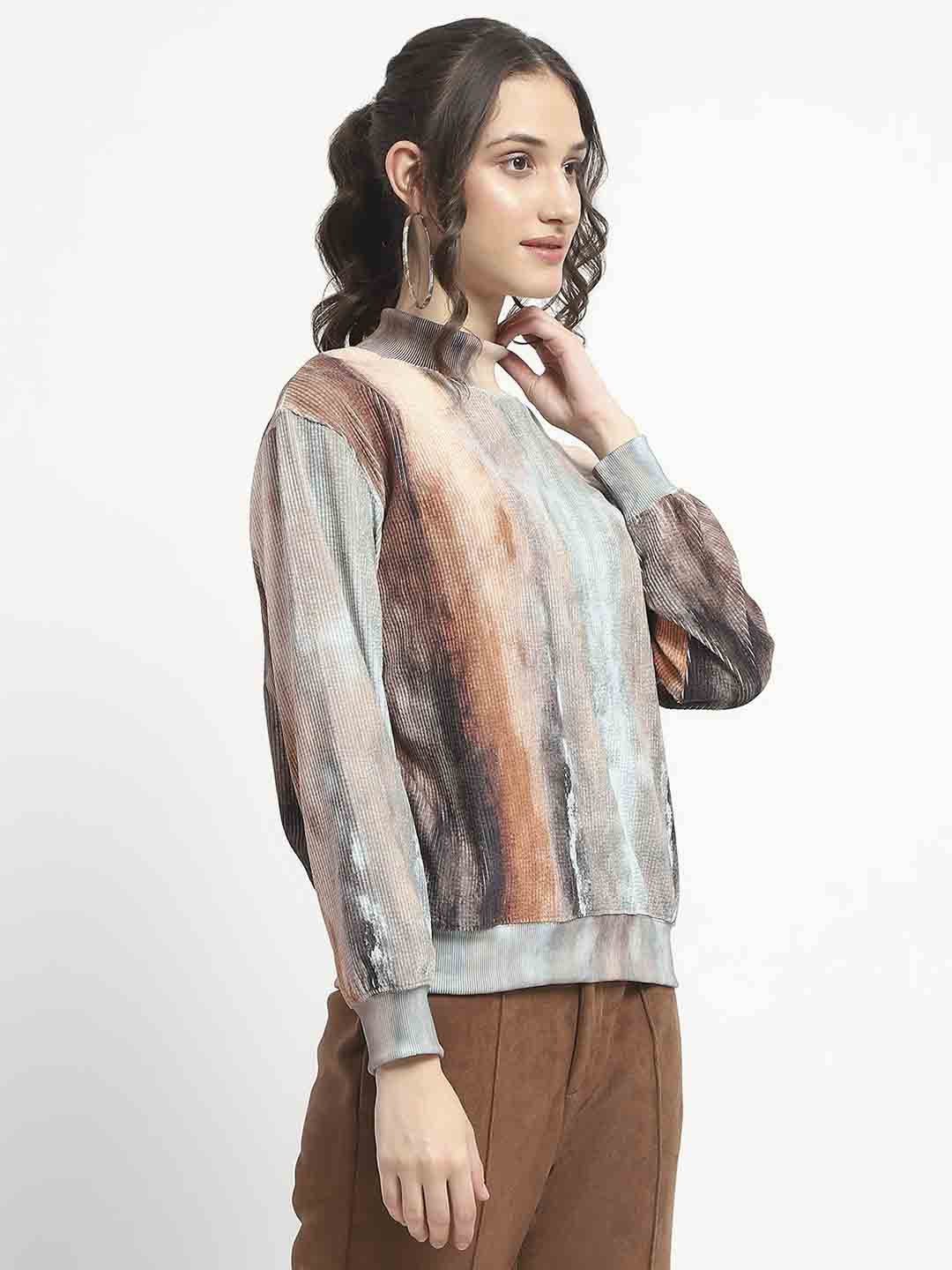 Madame Marble Print Full Sleeve Mock Neck Brown Top - Image 4