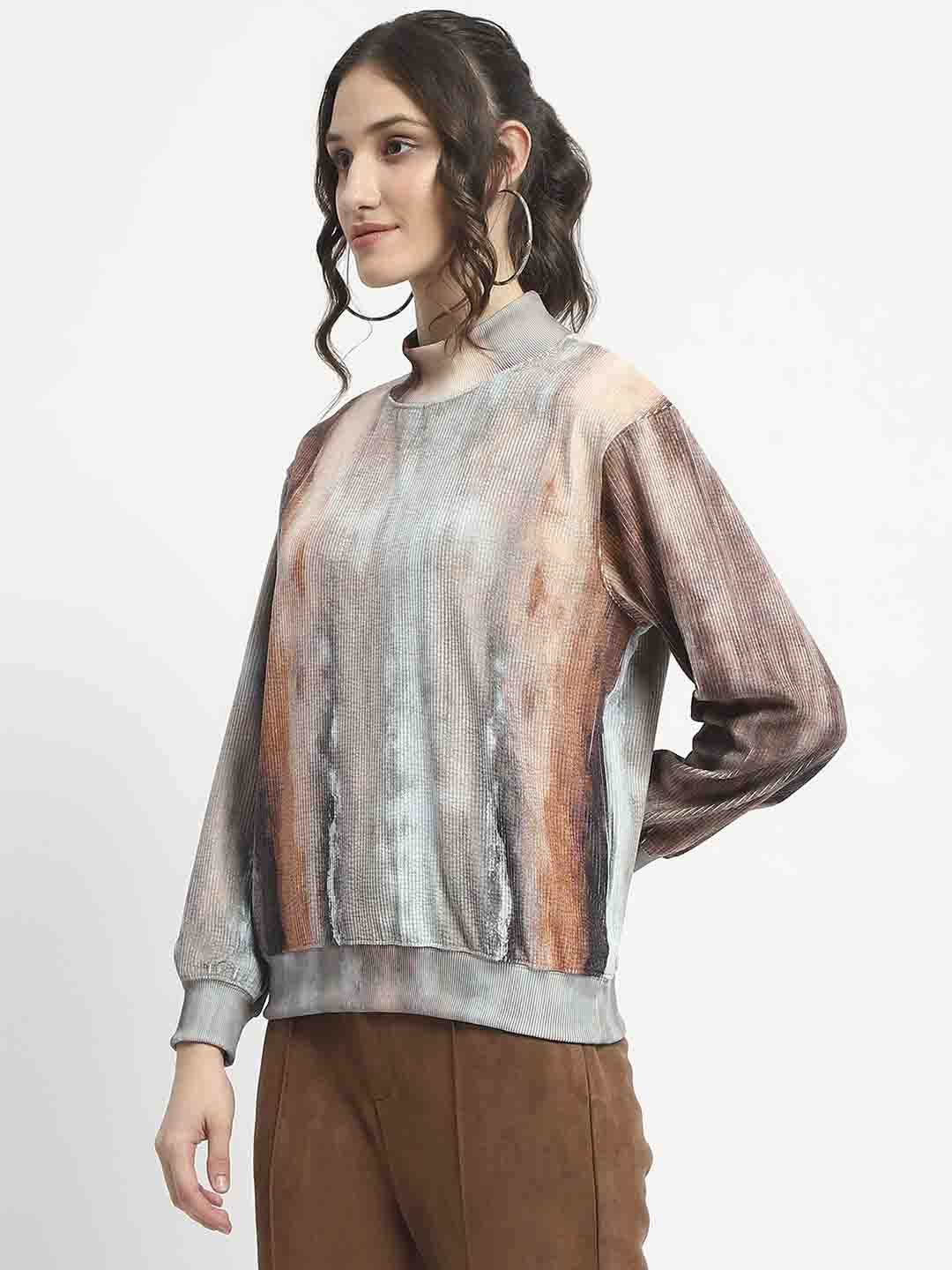 Madame Marble Print Full Sleeve Mock Neck Brown Top - Image 5