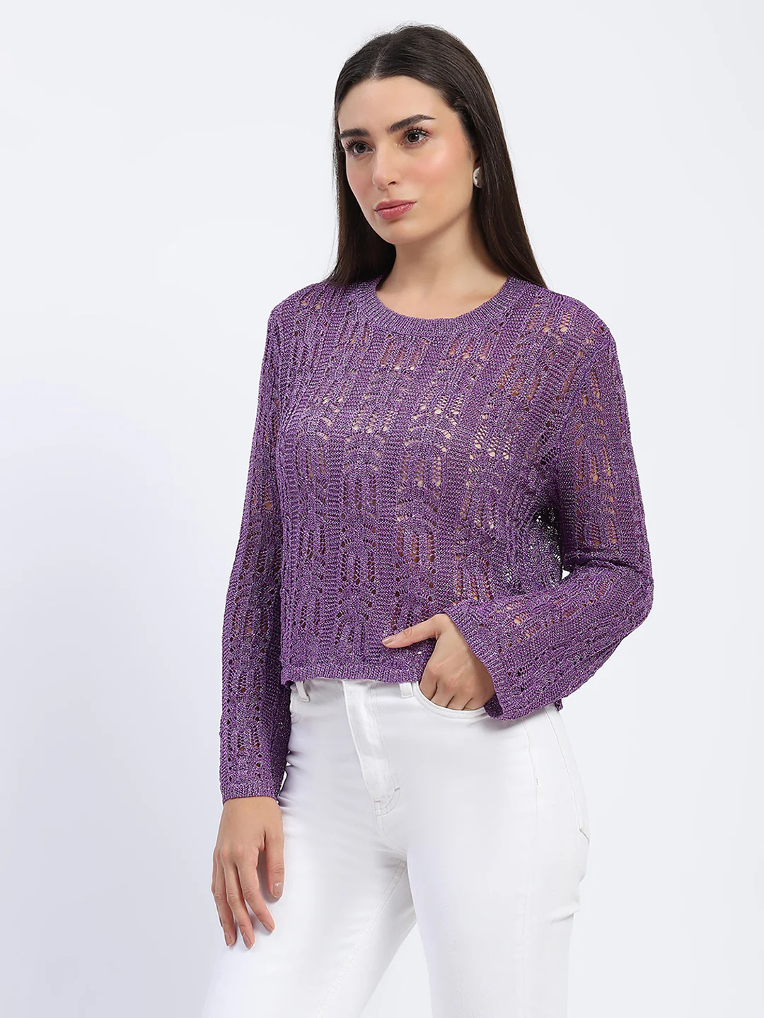 Madame Vibrant Purple Open-Knit Top - Image 2