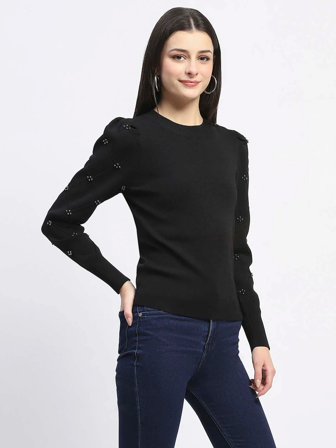 Madame Adorned Sleeves Solid Black Knitted Top - Image 4