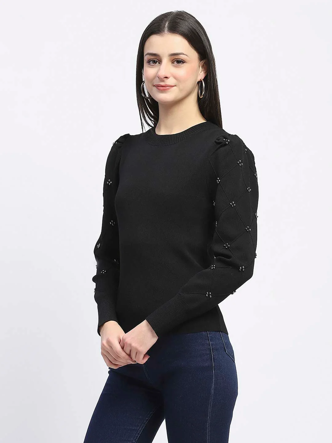 Madame Adorned Sleeves Solid Black Knitted Top - Image 5