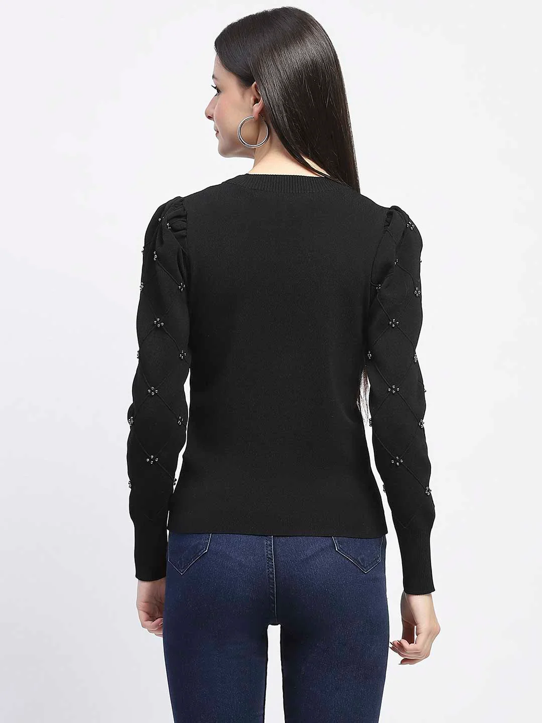 Madame Adorned Sleeves Solid Black Knitted Top - Image 6