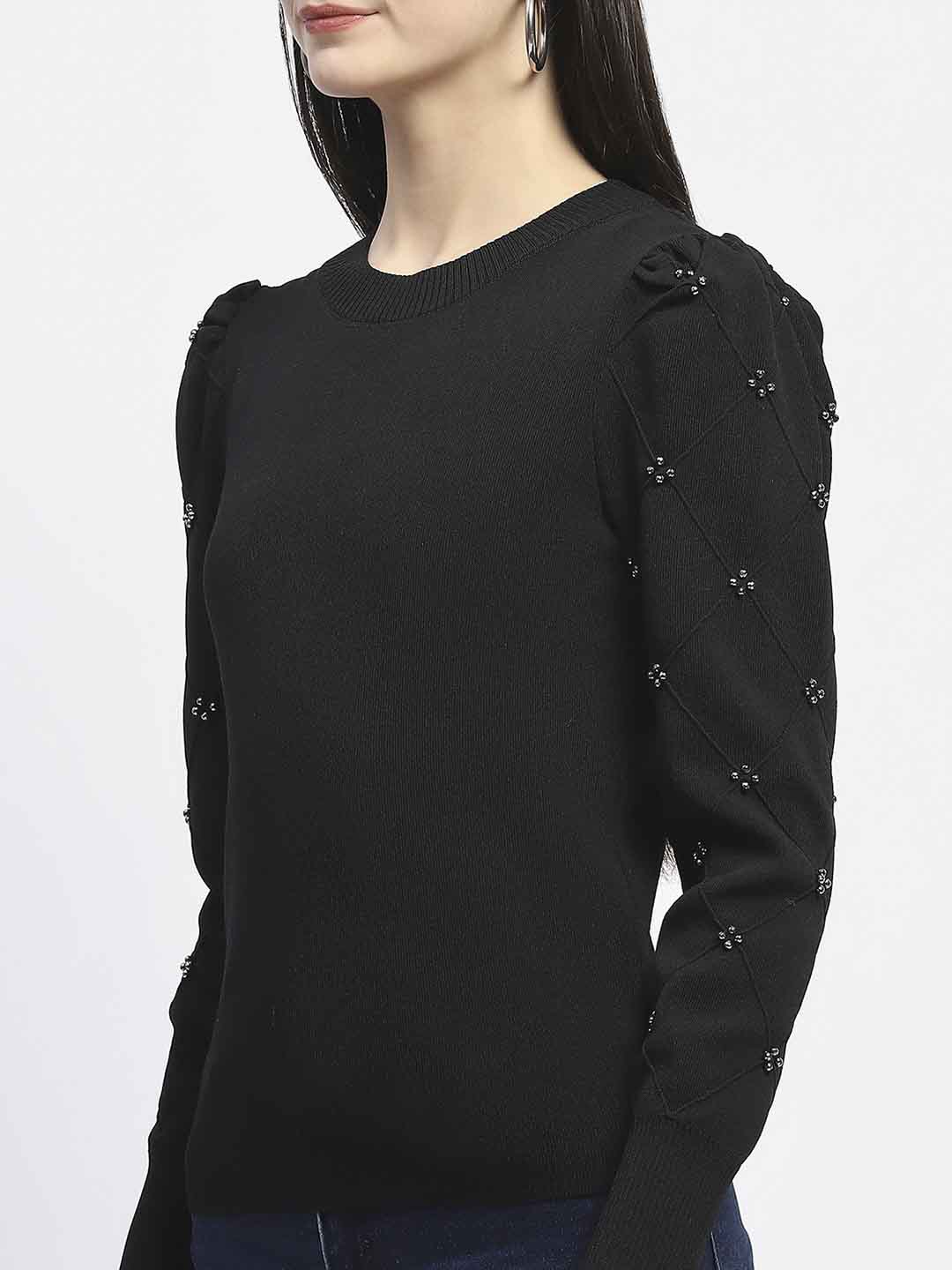 Madame Adorned Sleeves Solid Black Knitted Top - Image 7