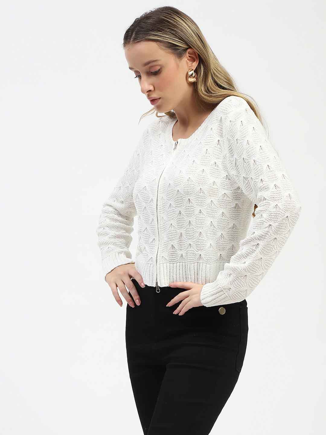 Madame Textured Round Neck Zip Up Off White Knit Top - Image 2