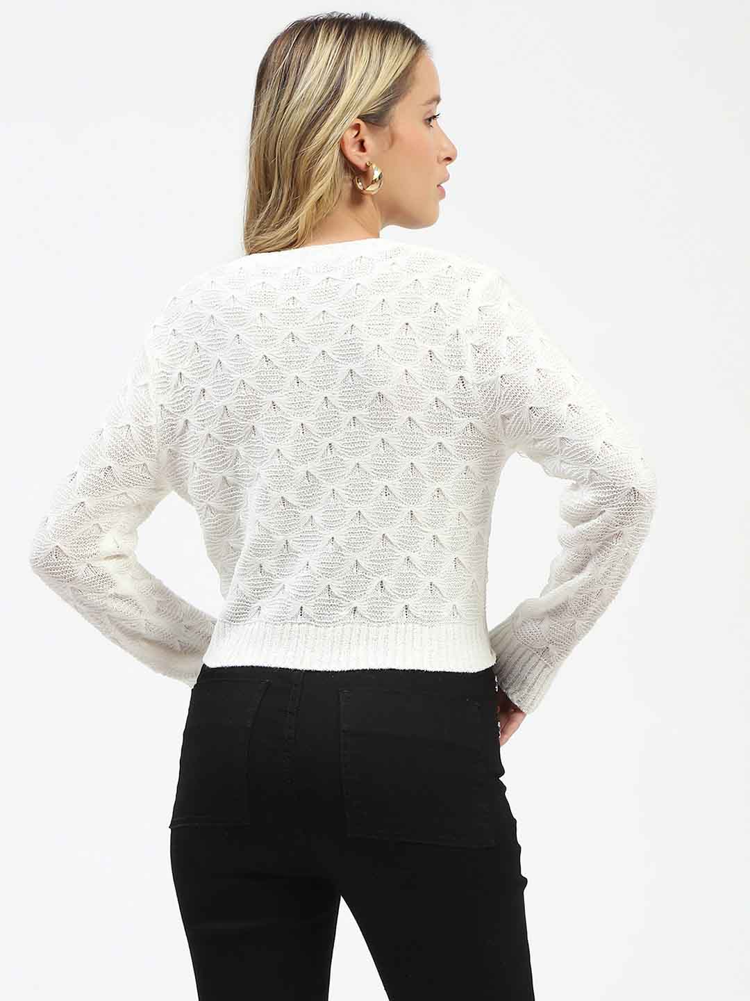 Madame Textured Round Neck Zip Up Off White Knit Top - Image 4