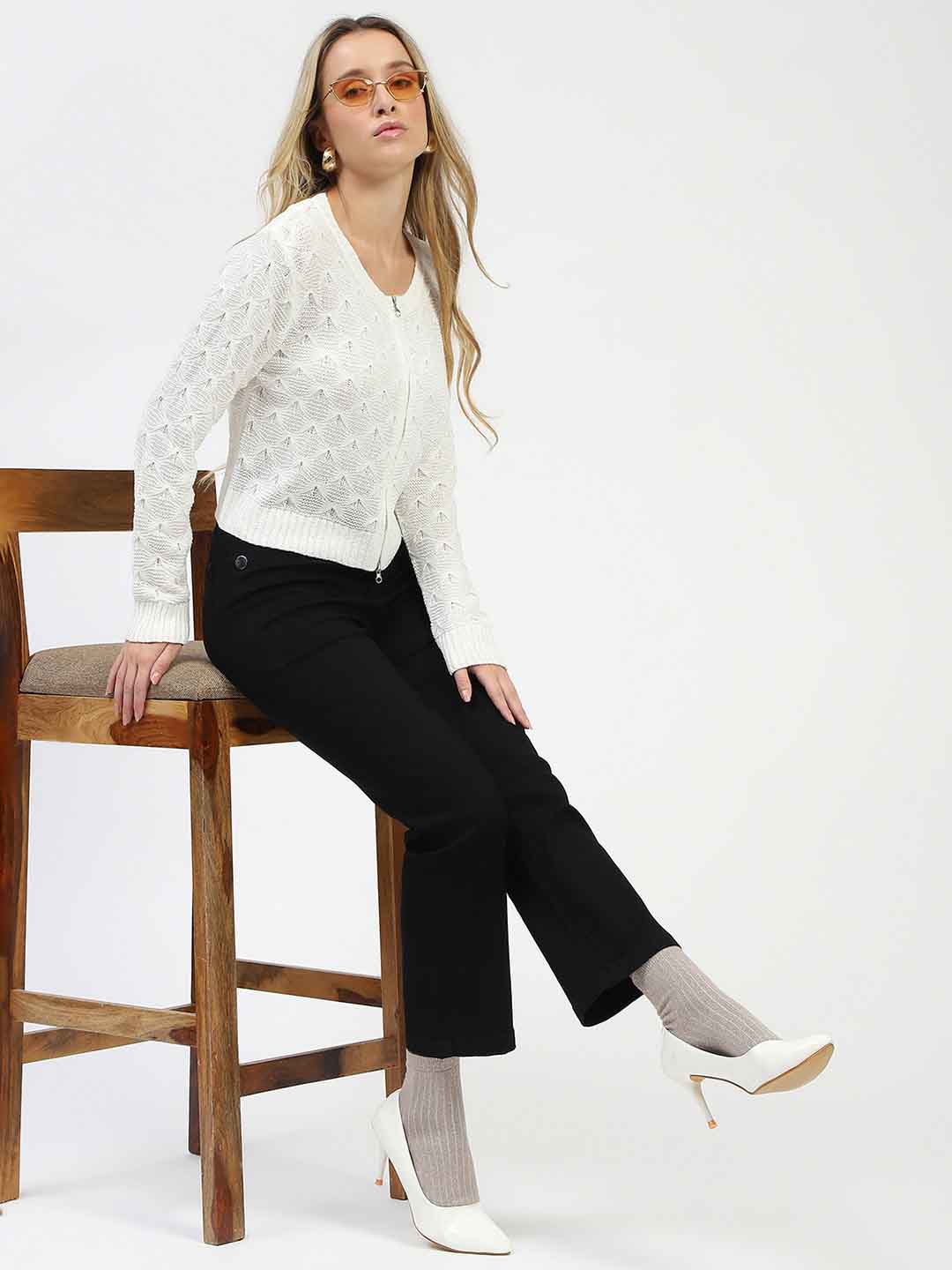 Madame Textured Round Neck Zip Up Off White Knit Top - Image 5