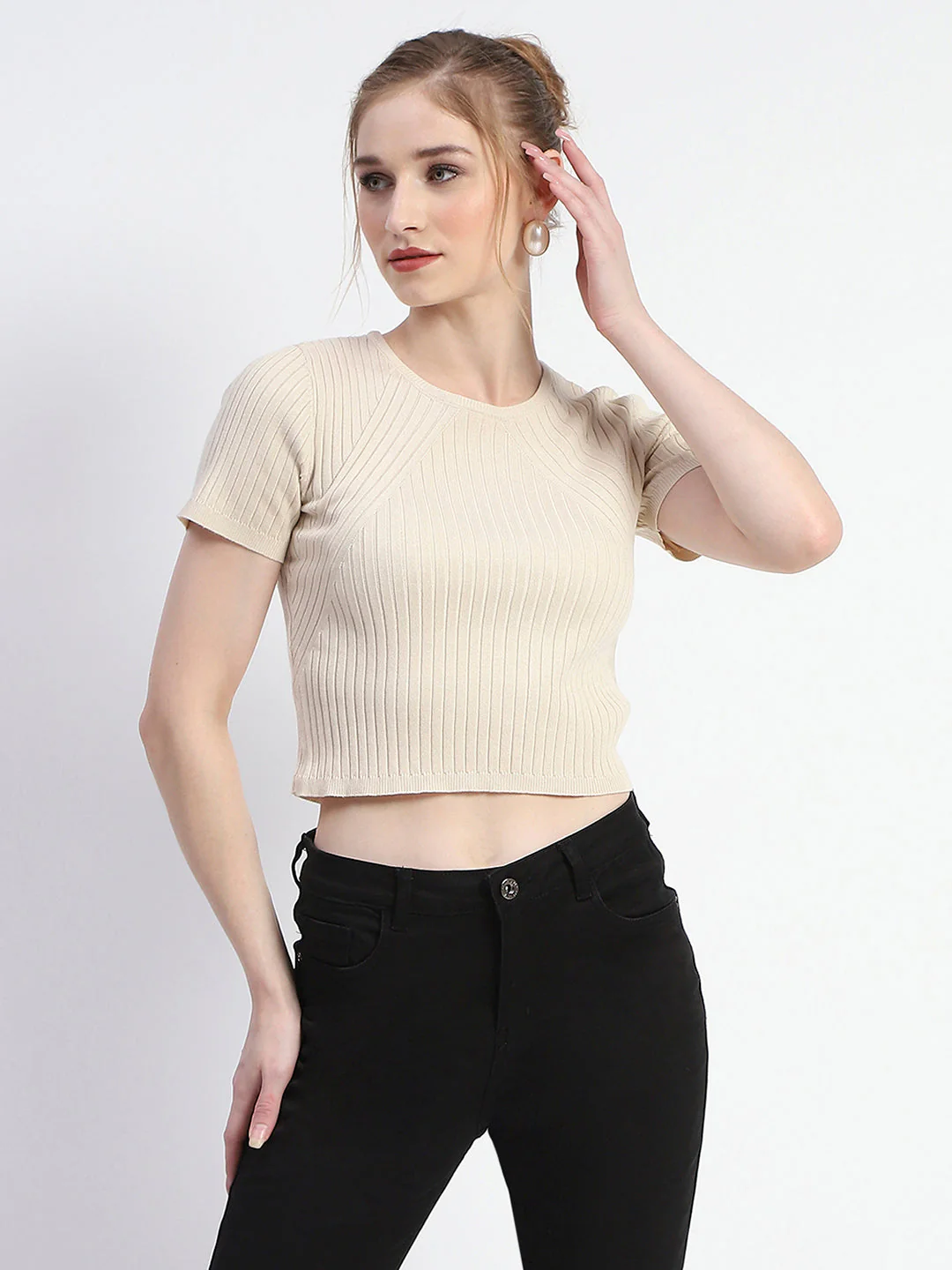 Madame Solid Beige Ribbed Crew Neck Crop Top - Image 2