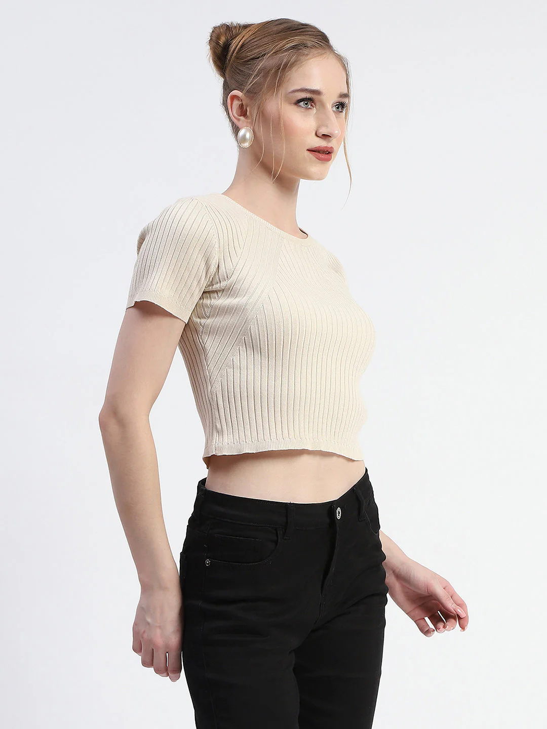Madame Solid Beige Ribbed Crew Neck Crop Top - Image 3