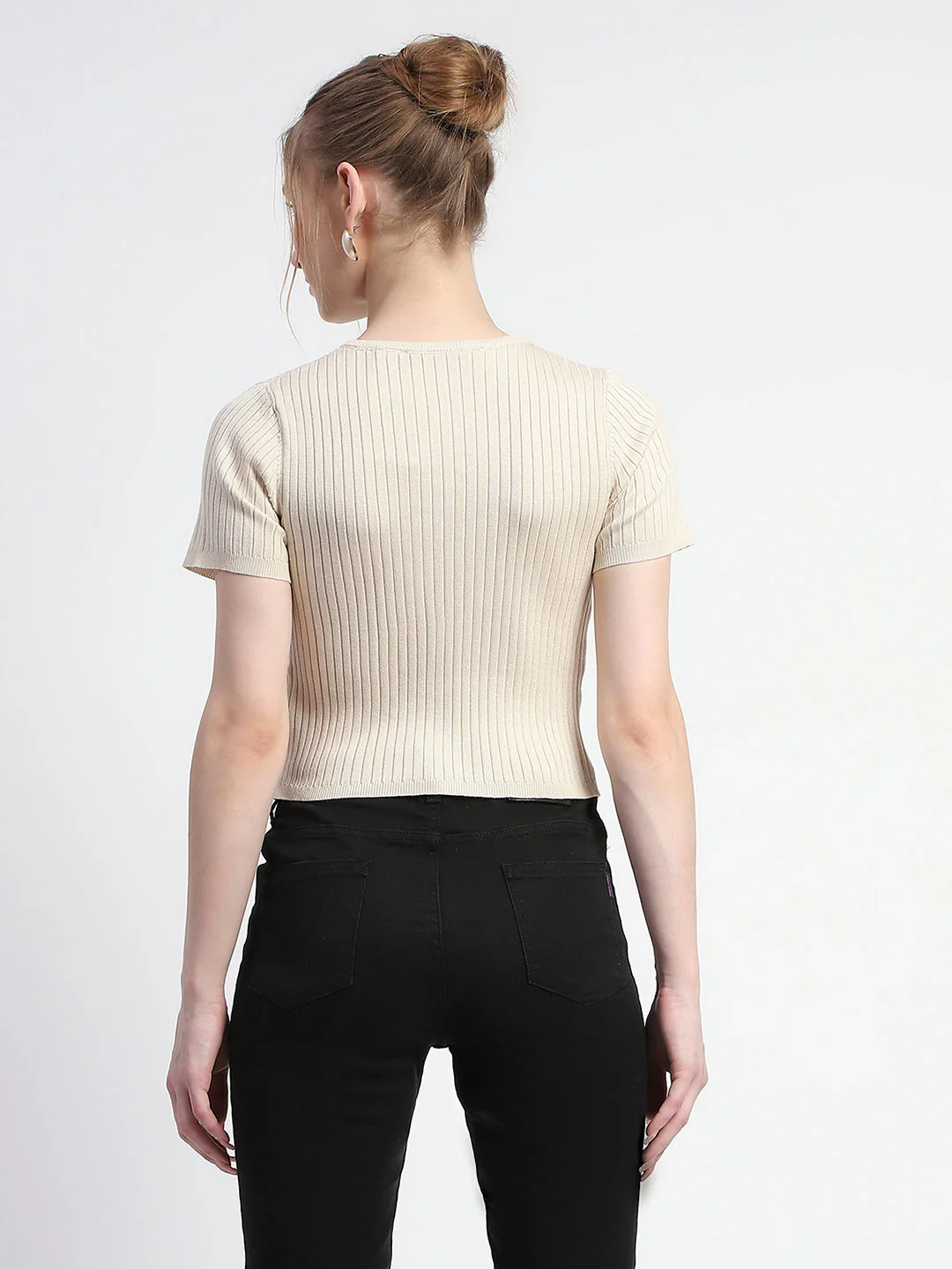 Madame Solid Beige Ribbed Crew Neck Crop Top - Image 5
