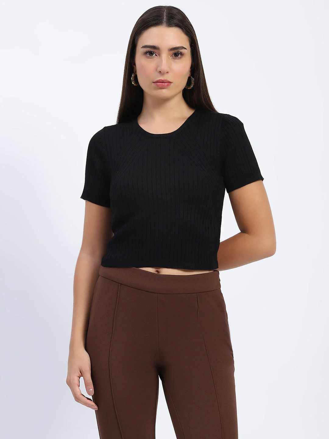 Madame Ribbed Round Neck Bodycon Solid Black Top - Image 2