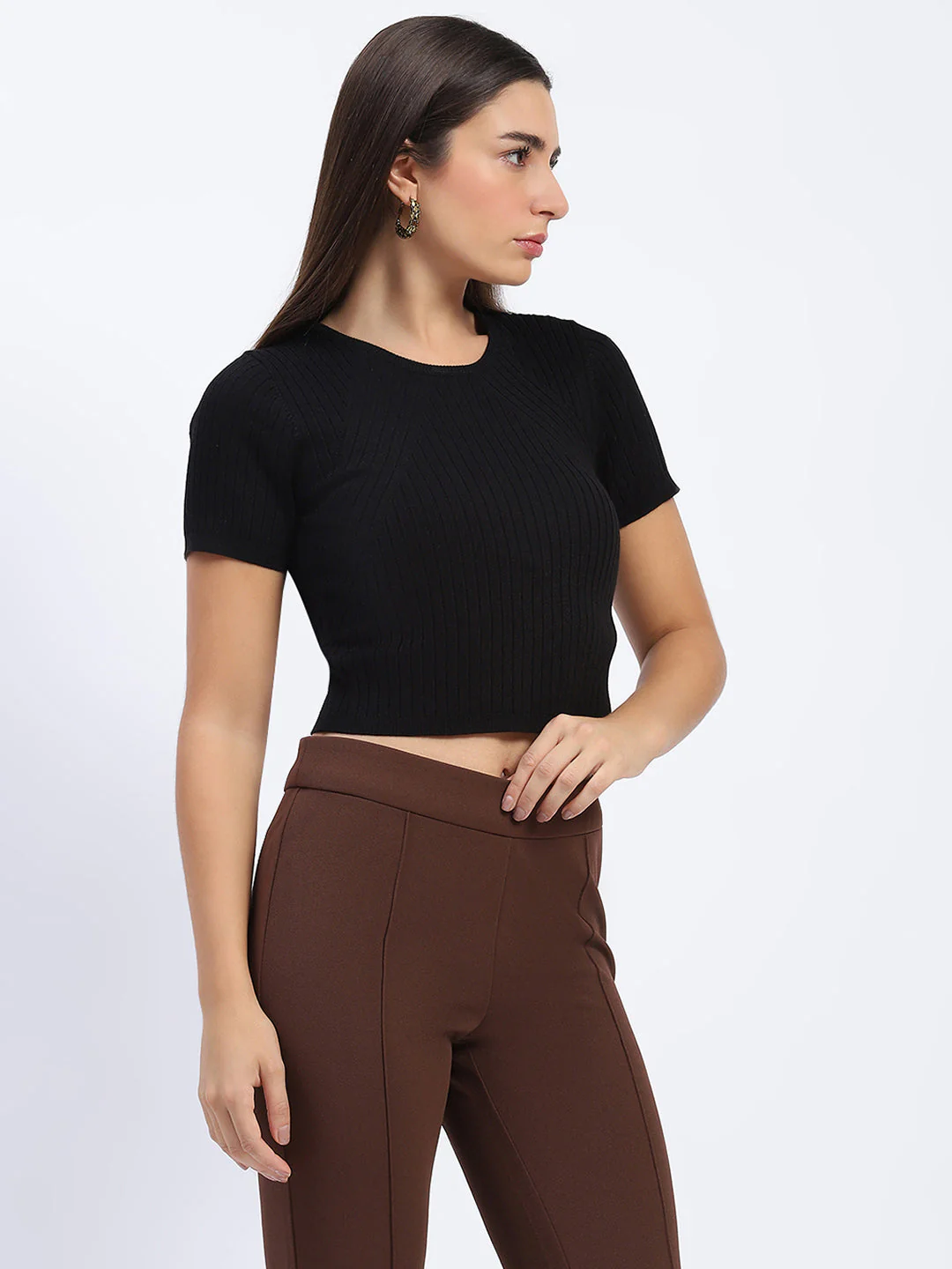 Madame Ribbed Round Neck Bodycon Solid Black Top - Image 3