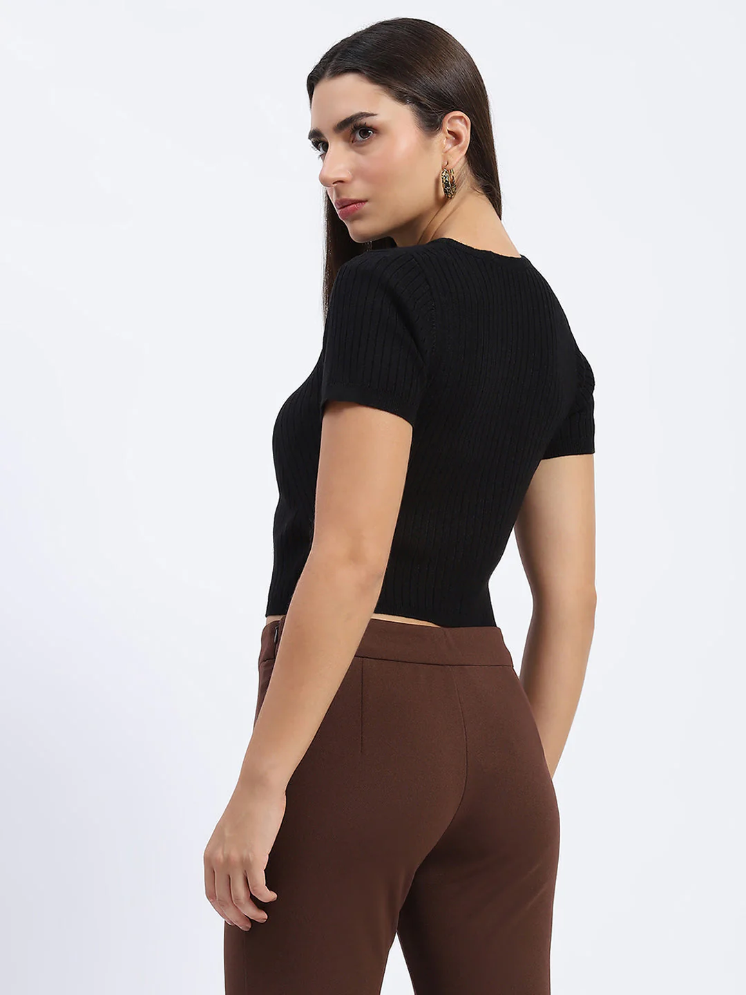 Madame Ribbed Round Neck Bodycon Solid Black Top - Image 5