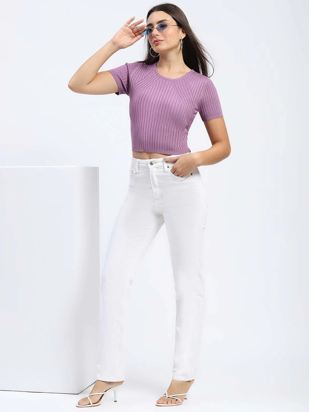 Madame Ribbed Round Neck Bodycon Solid Lilac Top - Image 2