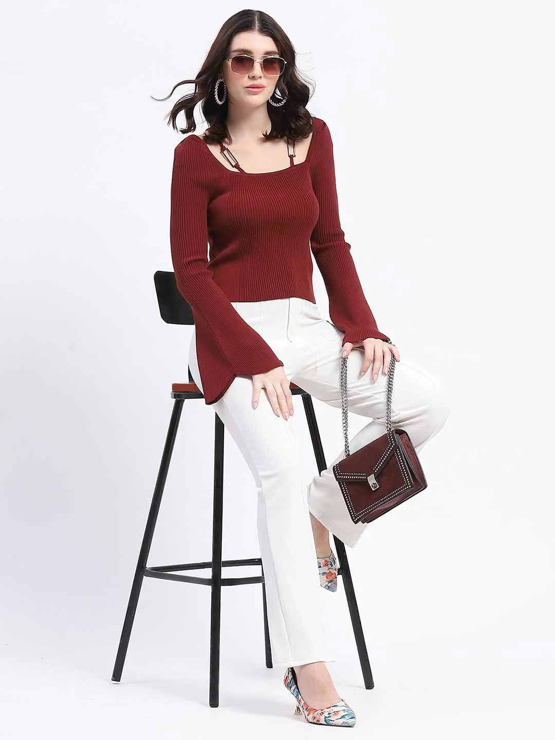 Madame Metal Accented Flounce Sleeve Red Knit Top - Image 5