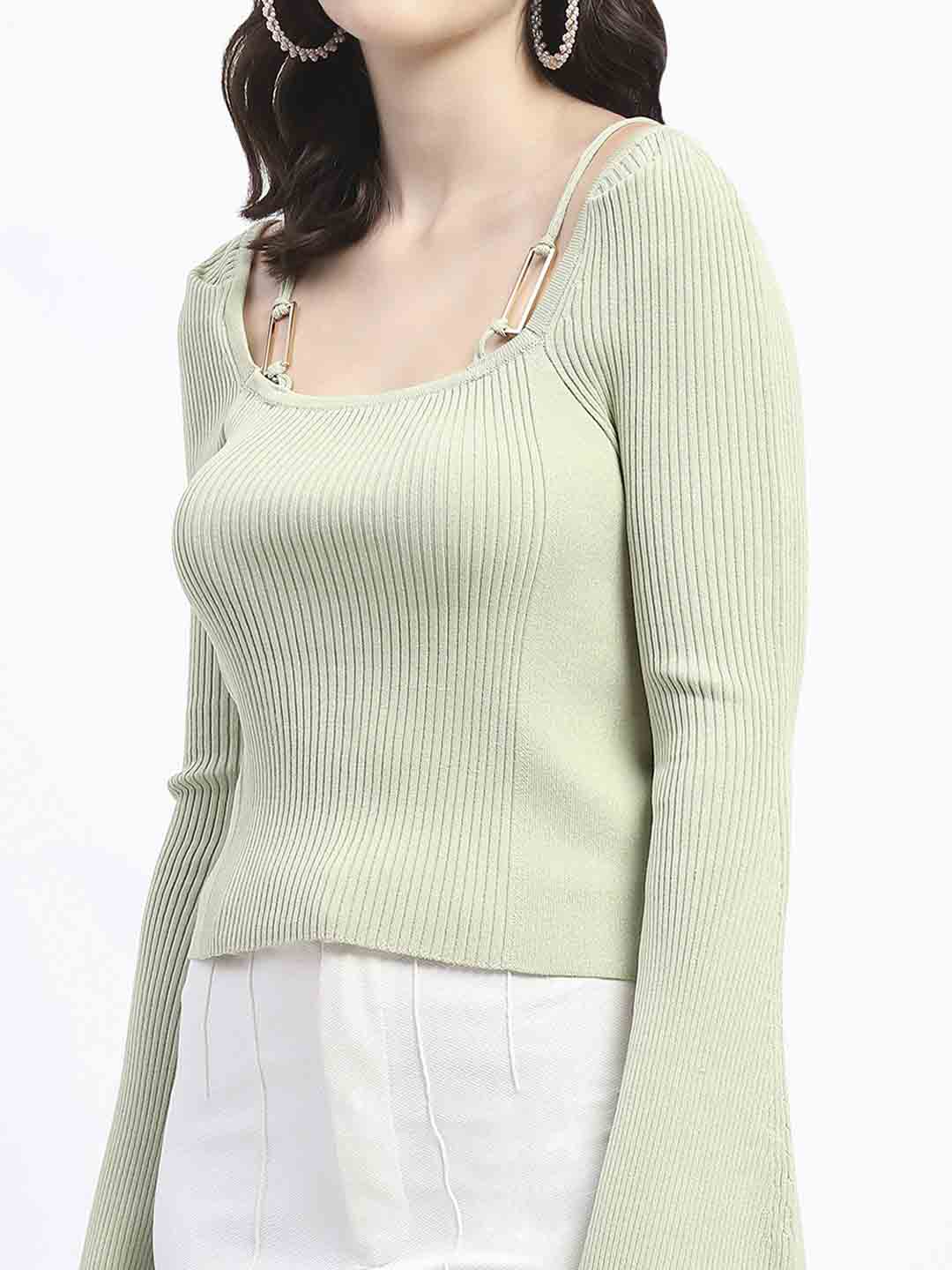 Madame Metal Accented Flounce Sleeve Mint Green Knit Top - Image 7