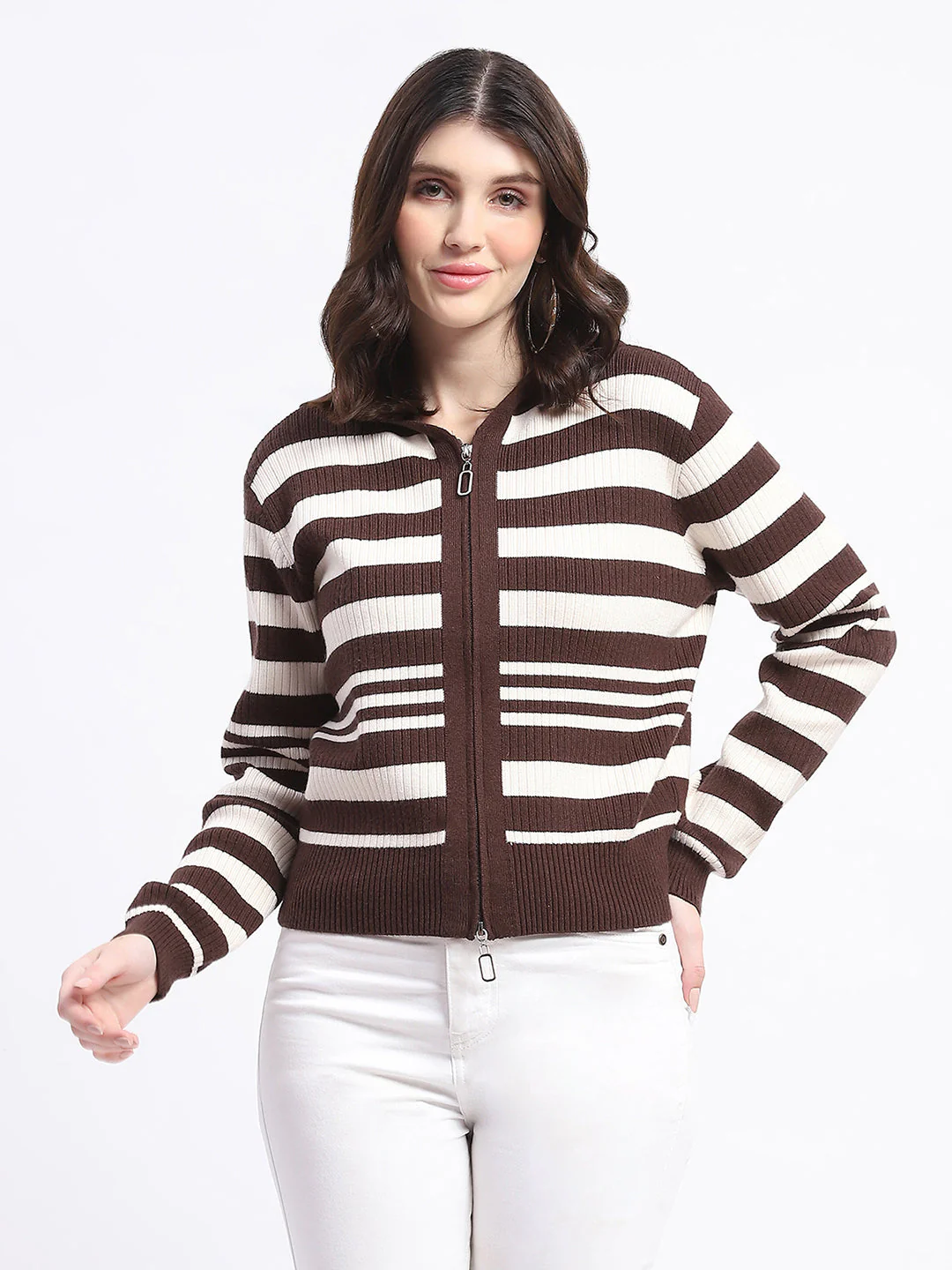 Madame Viscose Blend Zipped Chocolate Brown Striped Knitted Top - Image 3