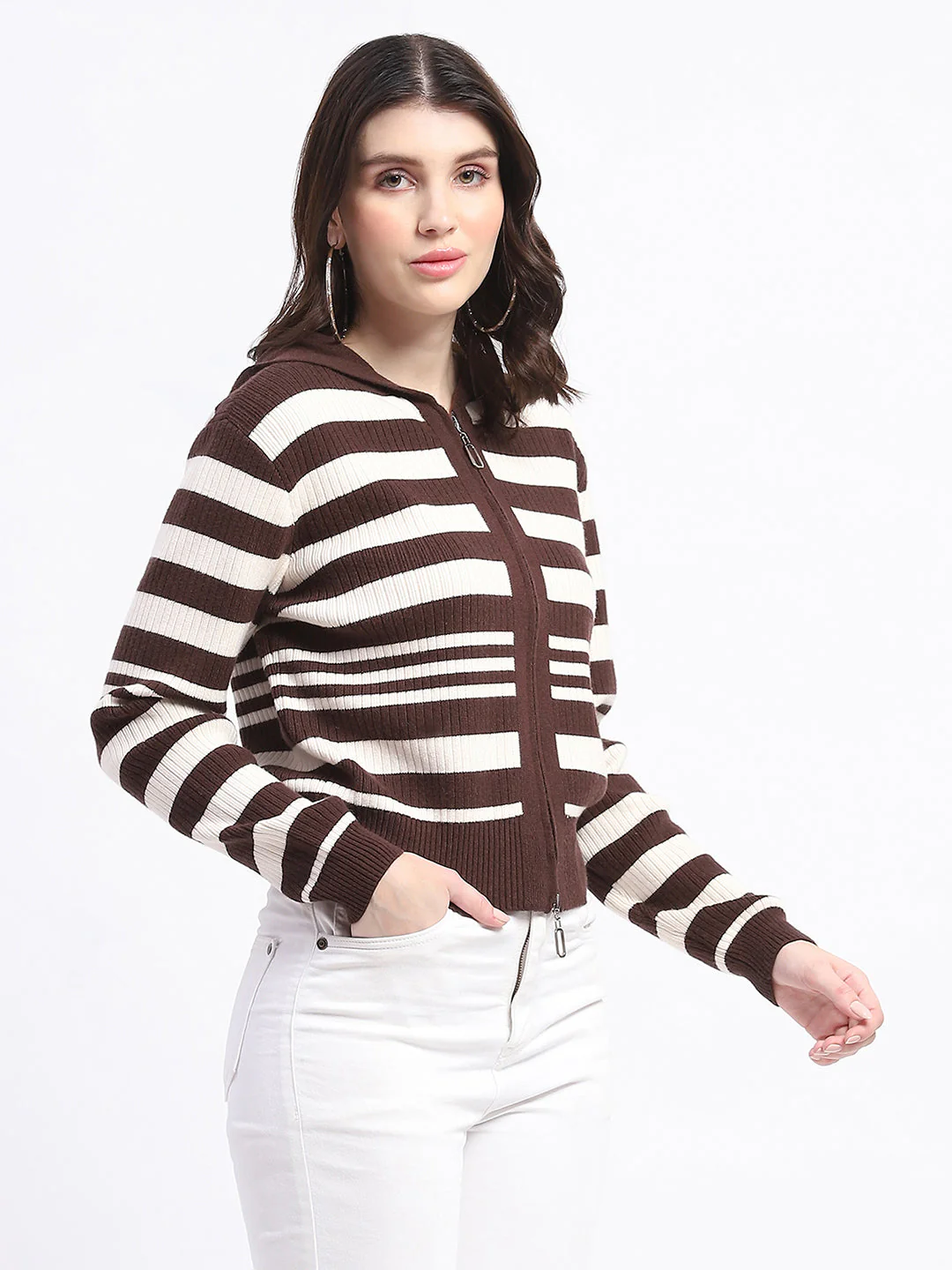 Madame Viscose Blend Zipped Chocolate Brown Striped Knitted Top - Image 4