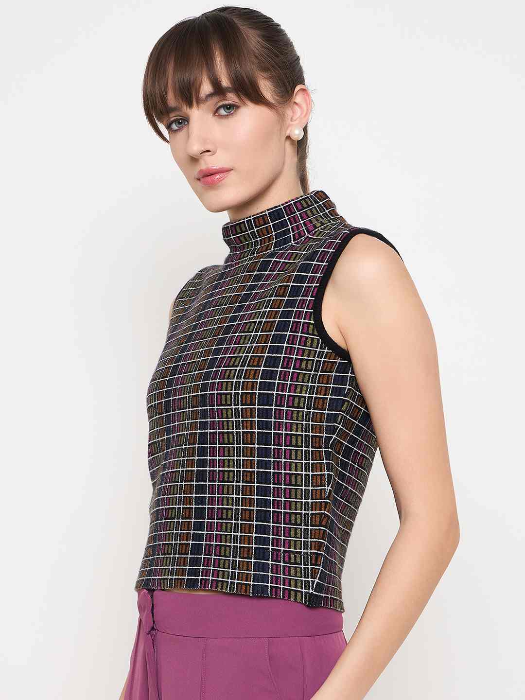 Madame Multicolored Chequered Tweed Black Funnel Neck Top - Image 2