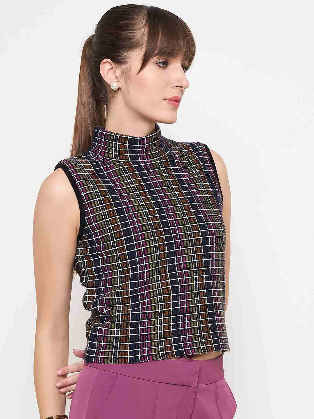 Madame Multicolored Chequered Tweed Black Funnel Neck Top - Image 3