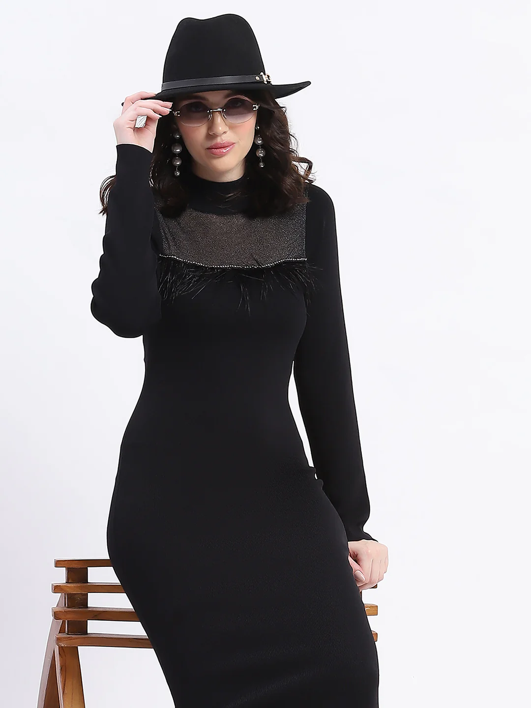 Madame Mock Neck Black Bodycon Midi Dress - Image 2
