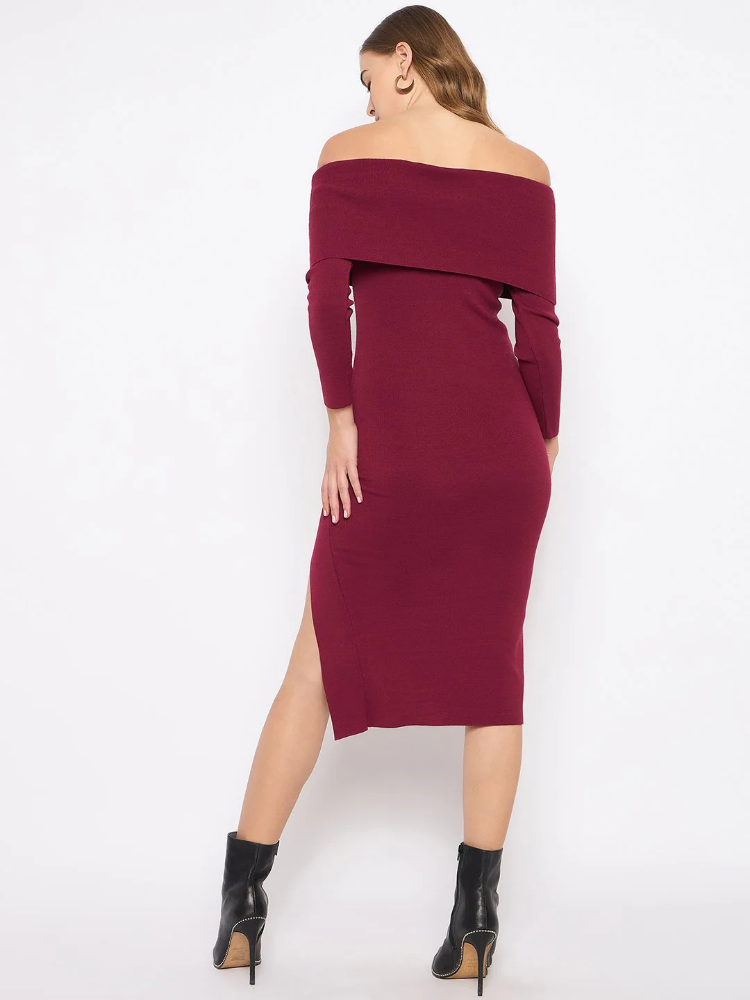 Madame Off Shoulder Wine Red Knit Midi Dress - Image 6