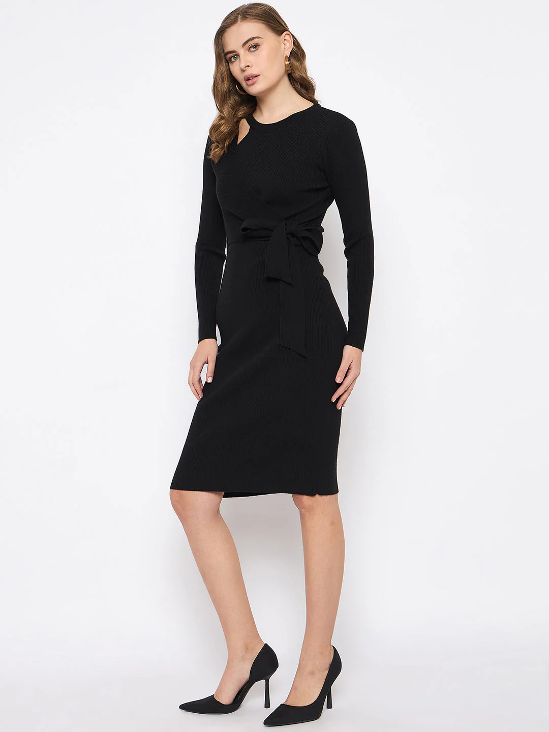 Madame Full Sleeve Tie Waist Black Knit Dress - Image 4