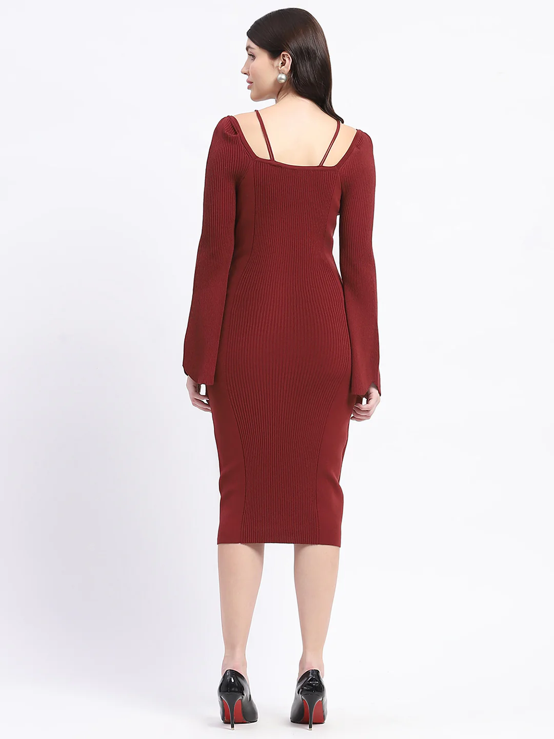 Madame Brick Red Knit Midi Dress with Flounce Sleeves - Image 6
