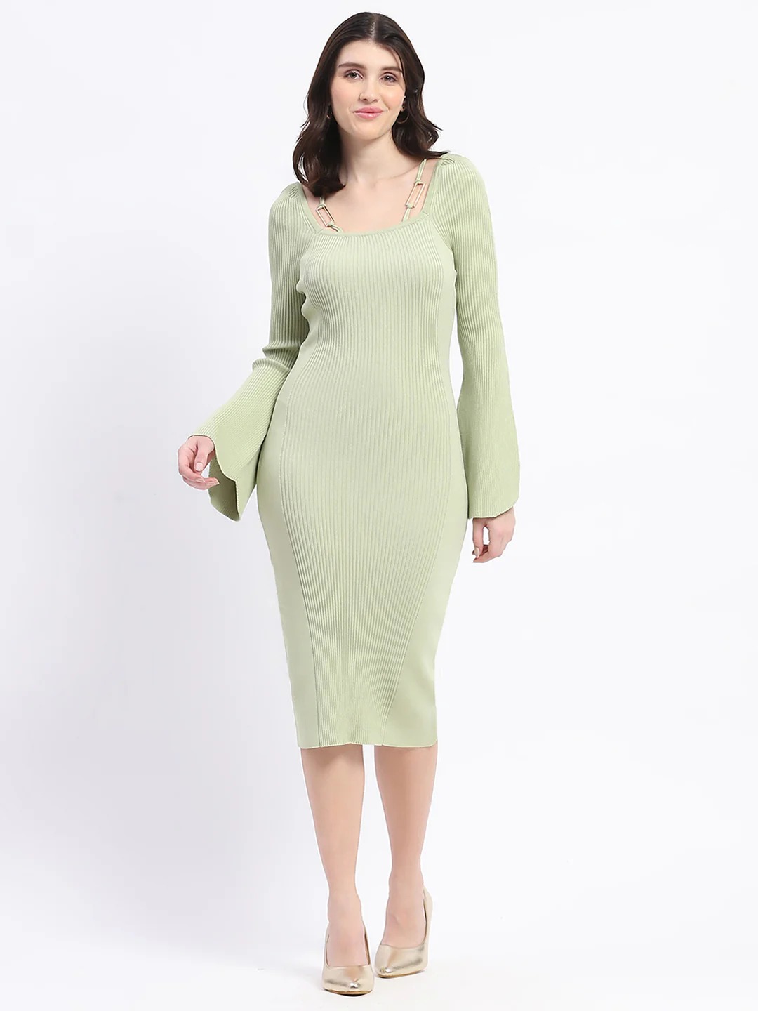 Madame Mint Green Knitted Midi Dress with Flounce Sleeves