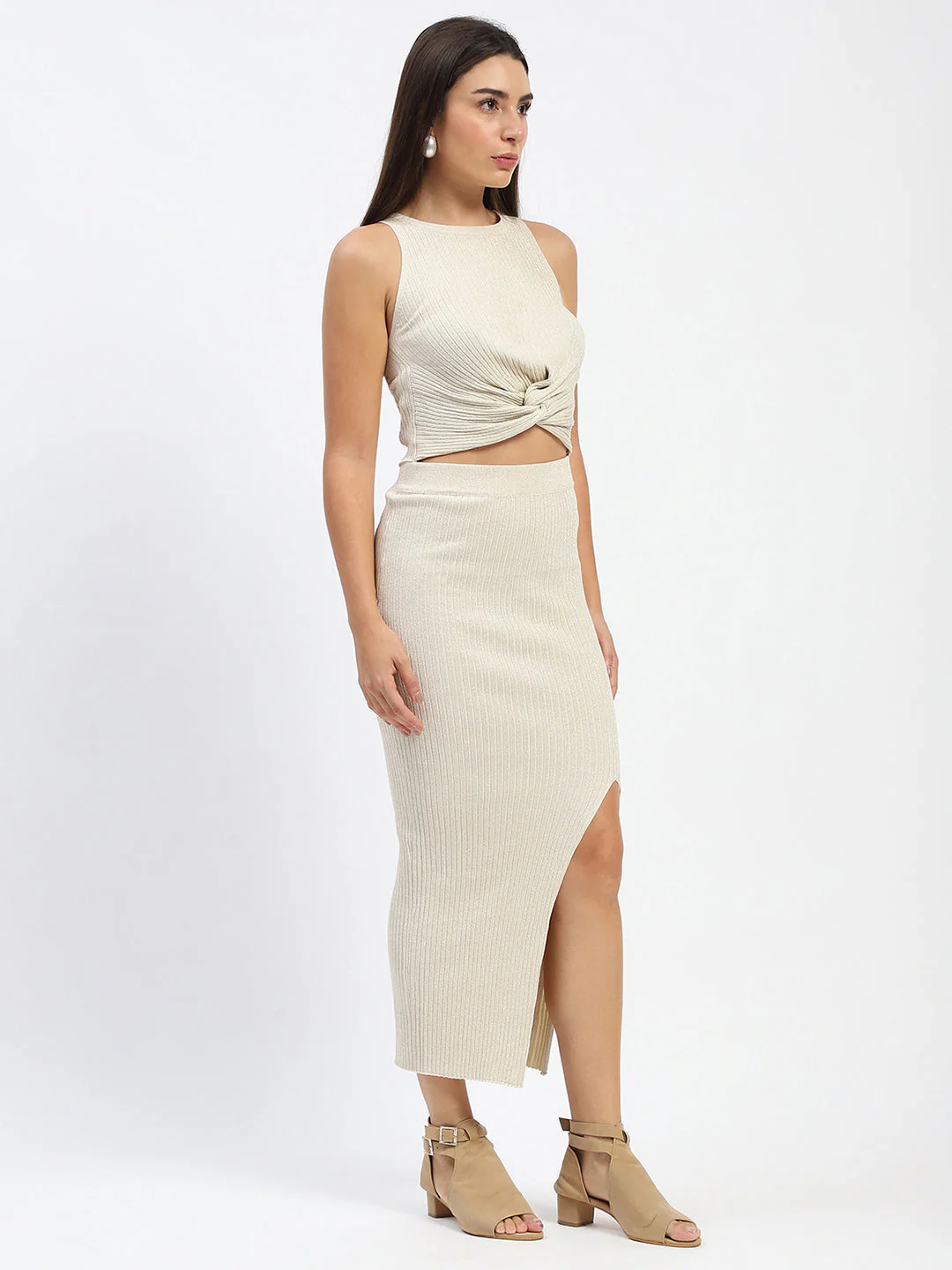 Madame Twisted Detailing Shimmery Beige Top And Skirt Co-ord Set - Image 3