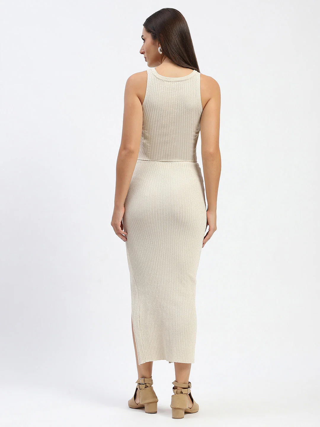 Madame Twisted Detailing Shimmery Beige Top And Skirt Co-ord Set - Image 5