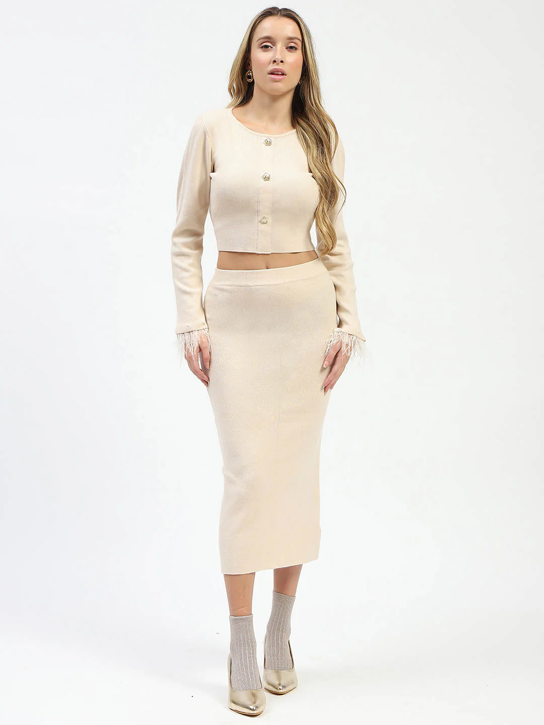 Madame Fur Sleeve Bodycon Beige Knit Co-ord Set - Image 2