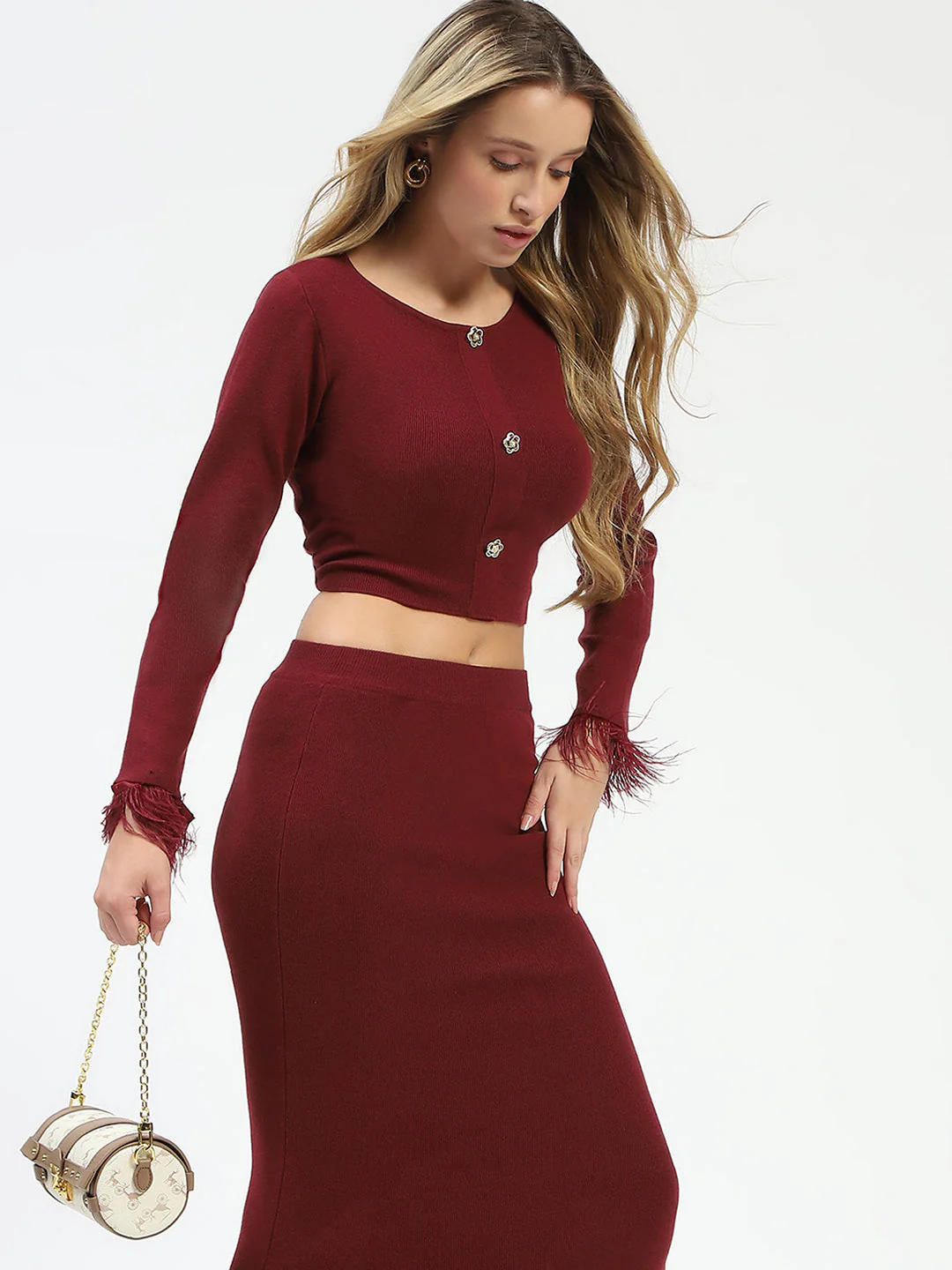 Madame Fur Sleeve Bodycon Wine Red Knit Co-ord Set - Image 2
