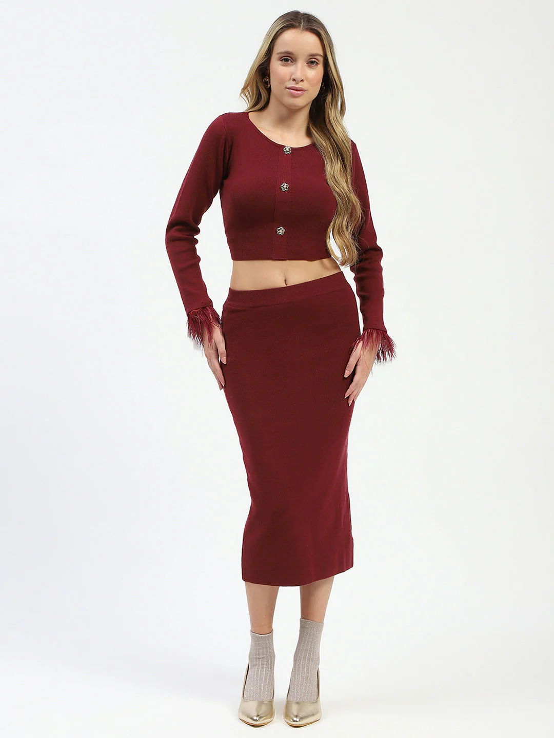 Madame Fur Sleeve Bodycon Wine Red Knit Co-ord Set - Image 3