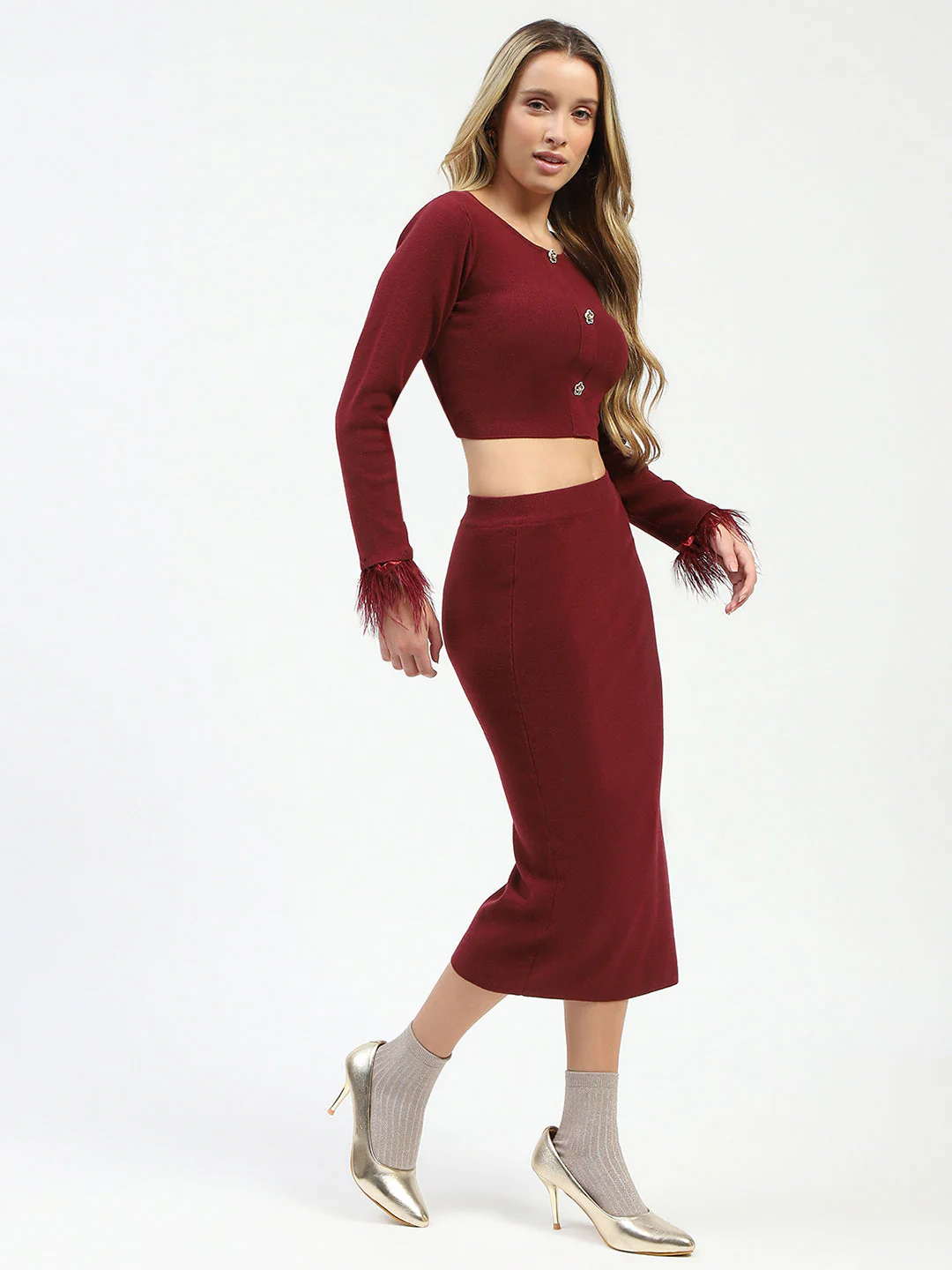 Madame Fur Sleeve Bodycon Wine Red Knit Co-ord Set - Image 4
