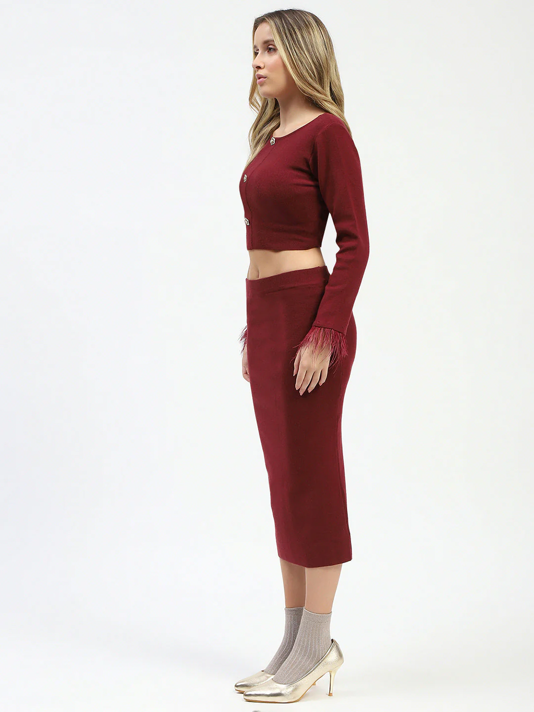 Madame Fur Sleeve Bodycon Wine Red Knit Co-ord Set - Image 5