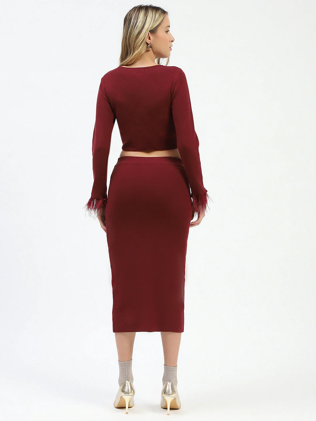 Madame Fur Sleeve Bodycon Wine Red Knit Co-ord Set - Image 6
