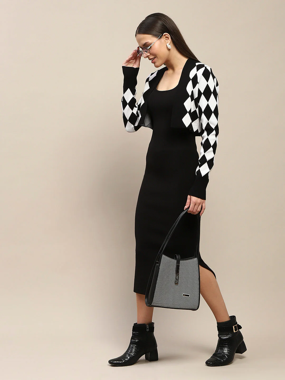 Madame Geometric Print Shrug and Solid Dress Black Ensemble