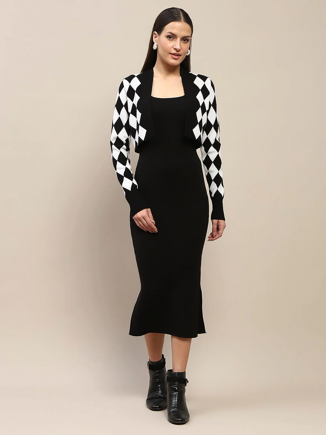 Madame Geometric Print Shrug and Solid Dress Black Ensemble - Image 3