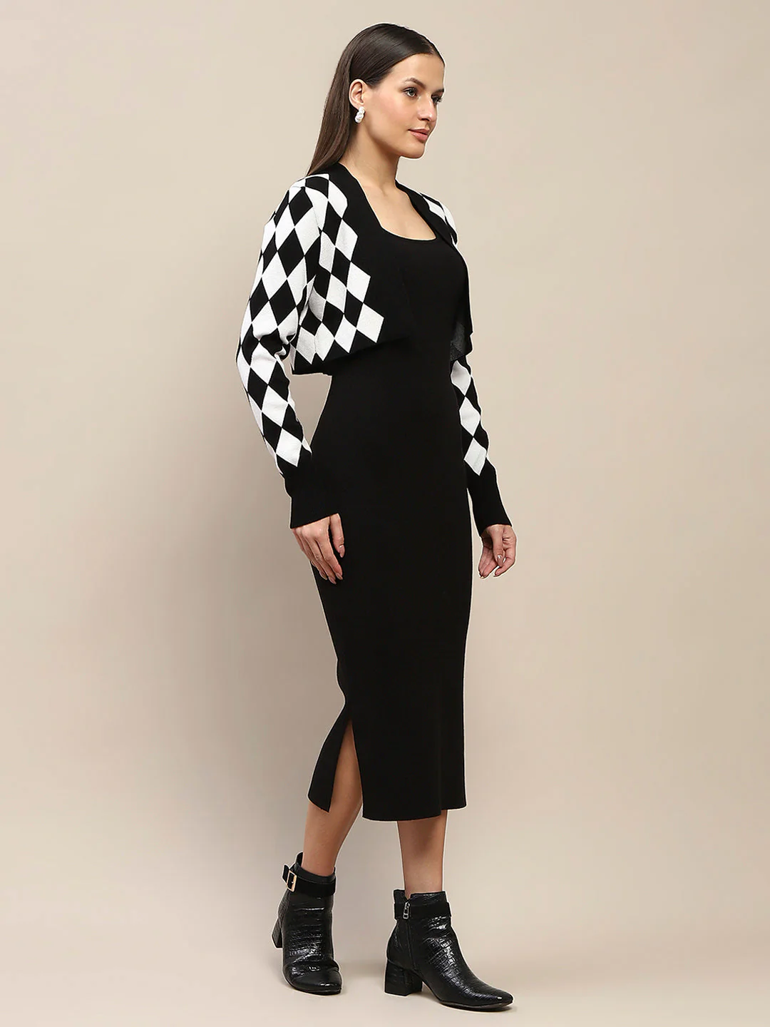 Madame Geometric Print Shrug and Solid Dress Black Ensemble - Image 4