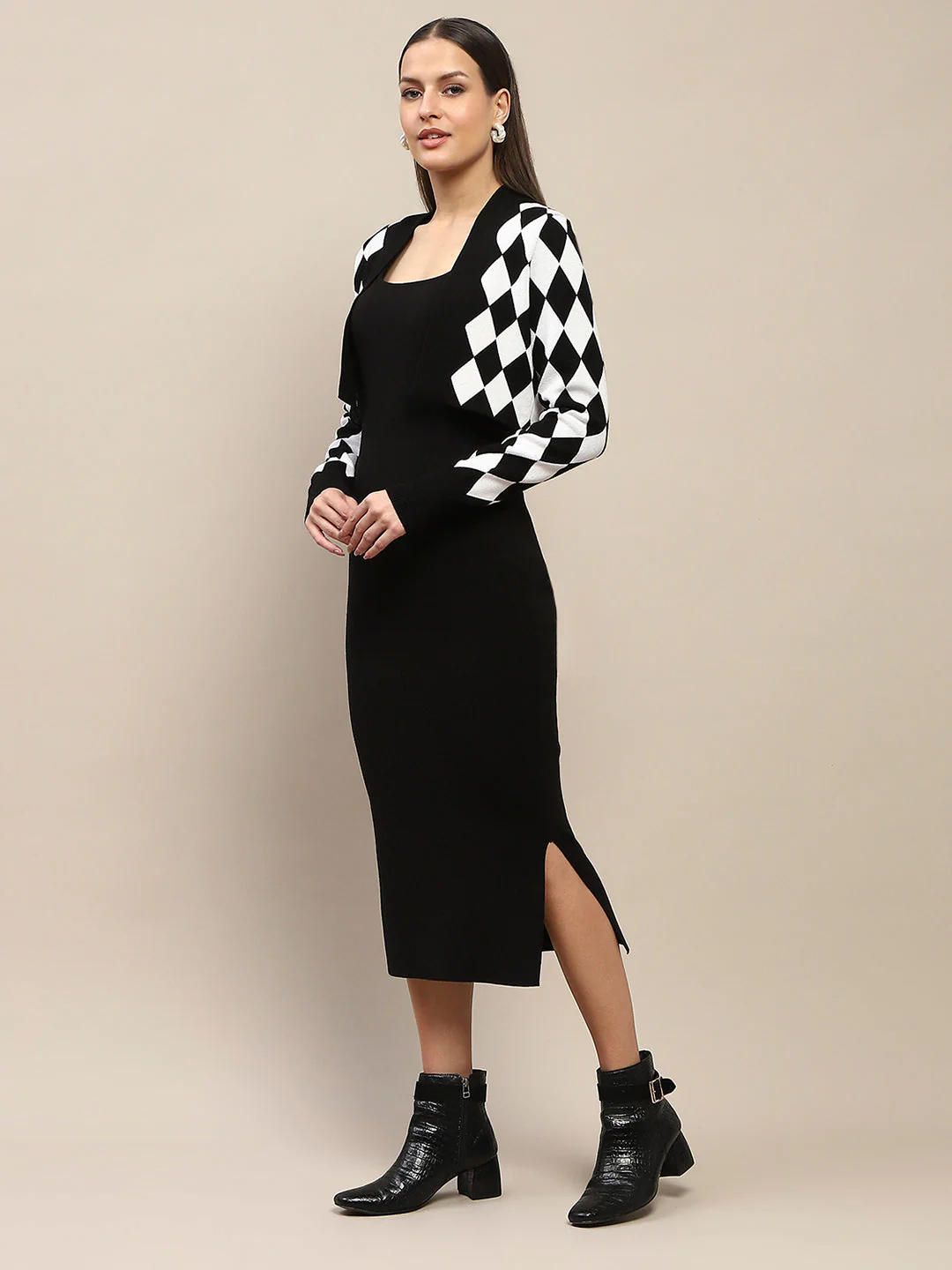 Madame Geometric Print Shrug and Solid Dress Black Ensemble - Image 5