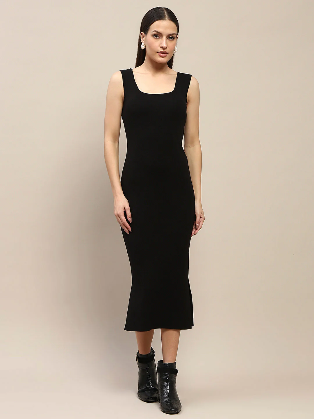 Madame Geometric Print Shrug and Solid Dress Black Ensemble - Image 6