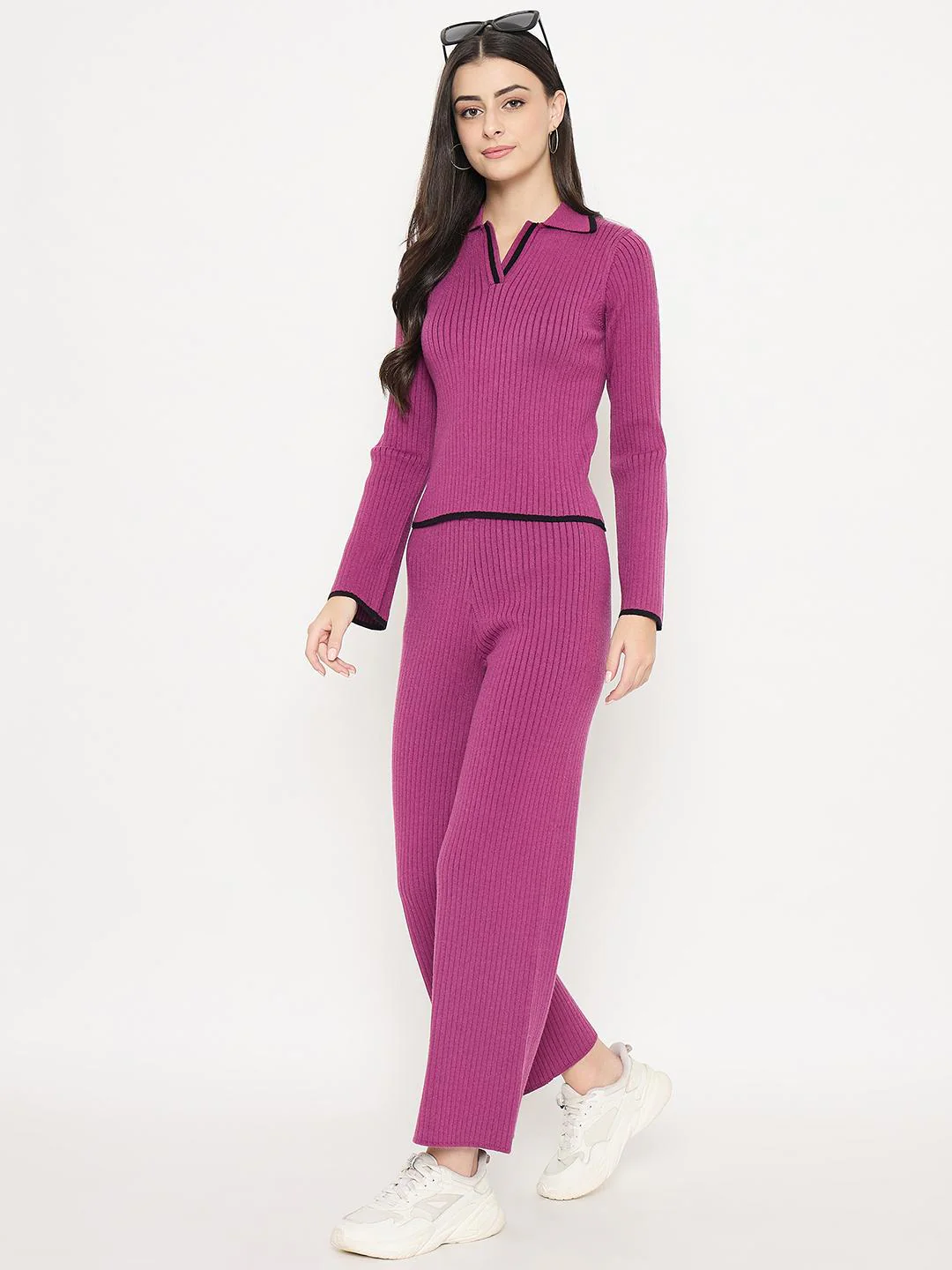 Madame Contrast Trim Top and Solid Bottoms Purple Knitted Co-ord Set - Image 2