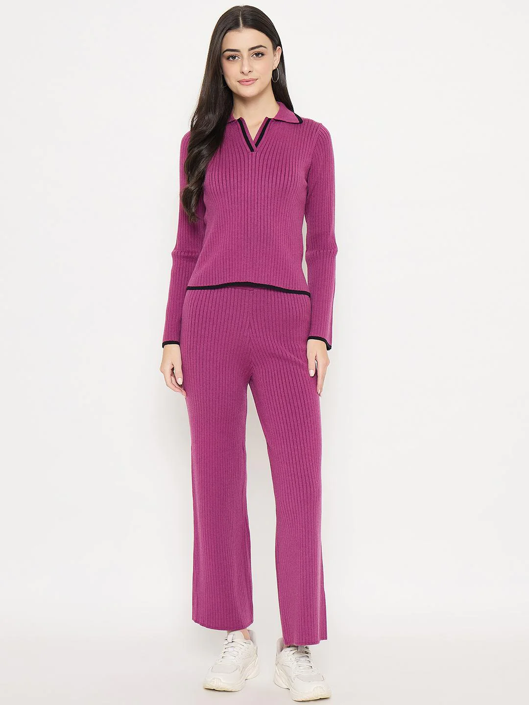 Madame Contrast Trim Top and Solid Bottoms Purple Knitted Co-ord Set - Image 3