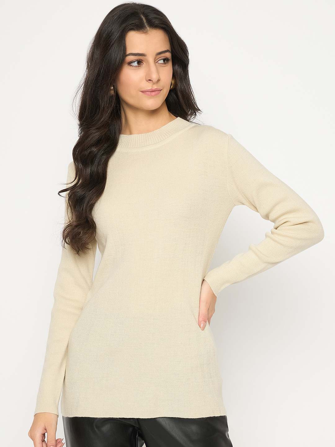 Madame Mock Neck Solid Beige Skeeve - Image 3