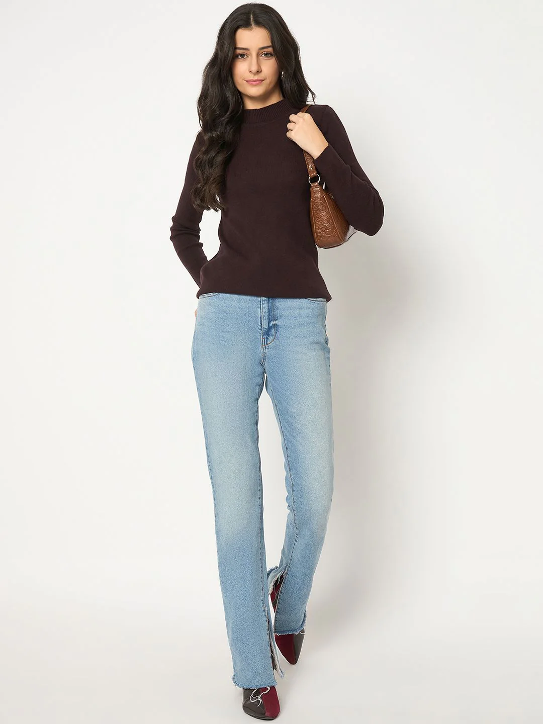 Madame Mock Neck Solid Brown Skeeve - Image 2