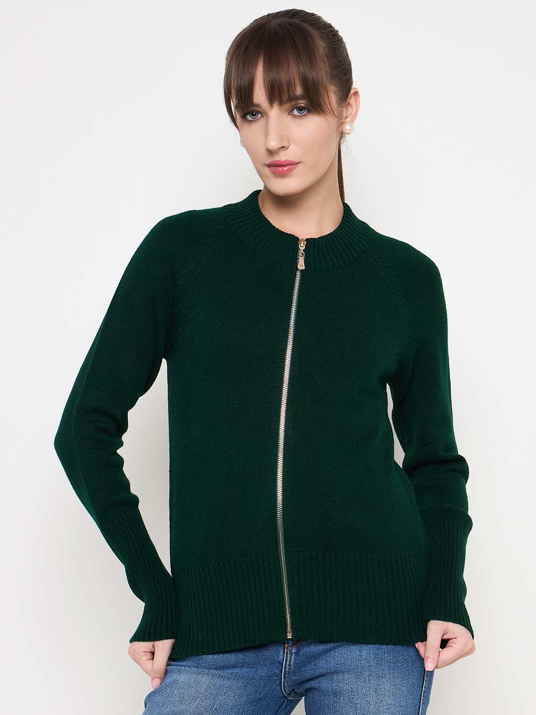 Madame Acrylic Blend Zipped Bottle Green Sweater